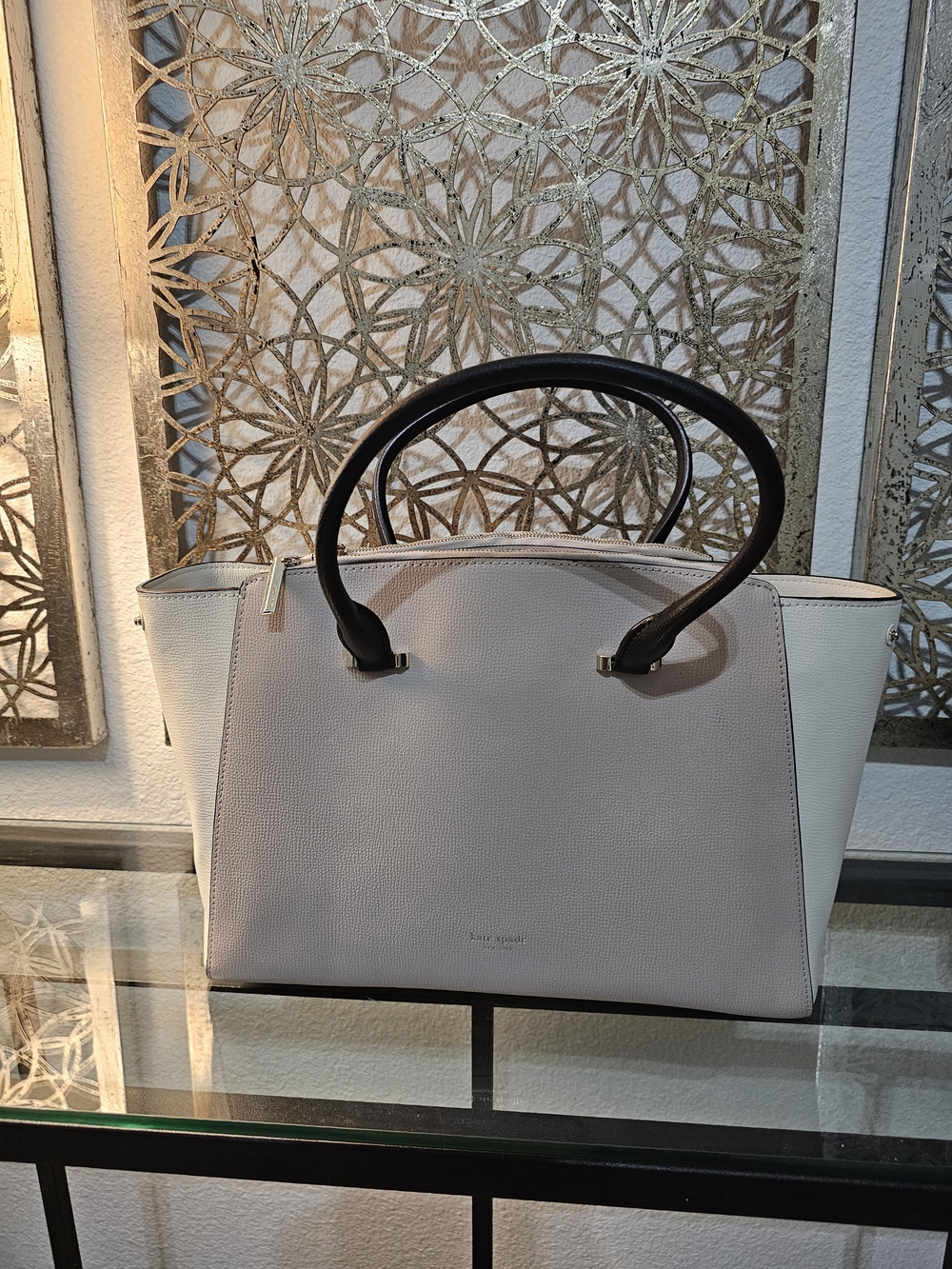 Kate Spade Pebbled Leather Satchel in Light Cream with Black Handles
